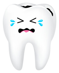 Front facing decayed tooth character crying. Dental care concept, illustration