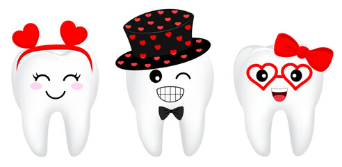 Cute cartoon tooth character with heart. Bright smile for Valentine's concept. Illustration.