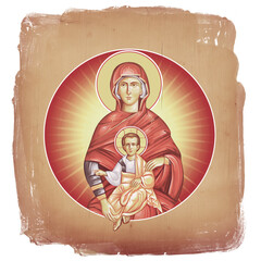 Saint Mary with Jesus Christ kid. Christian illustration in Byzantine style isolated
