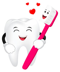 Cute cartoon tooth and toothbrush with love forever. Dental care concept, illustration.