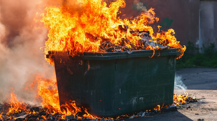 Dumpster fire. Dumpster filled with debris is engulfed in fierce flames in broad daylight. - obrazy, fototapety, plakaty