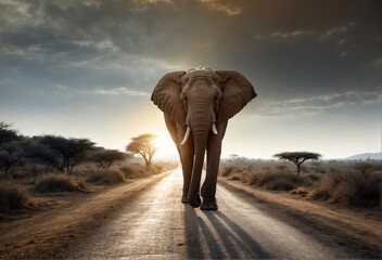Single elephant walking in a road with the Sun from behind