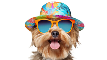 Happy dog in sunglasses and hat for summer on white background