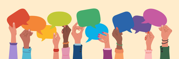 Diverse multiracial hands holding speech bubbles, people exchange ideas. Team cooperation and communication. Hand drawn vector illustration isolated on light background, flat cartoon style.