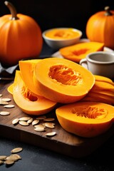 Pumpkin slices on a black background. toning. selective focus.