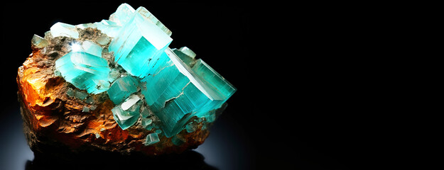 Aurichalcite is a rare precious natural stone on a black background. AI generated. Header banner mockup with space.