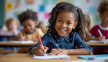 Portrait of cheerful smiling diverse schoolchildren standing posing in classroom holding notebooks...