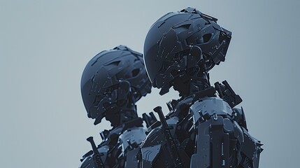 Female cyber warriors with modern, full covering exoskeletons, cinematic still, film color grading