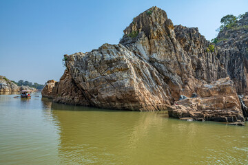 Jabalpur, Madhya Pradesh/India : October 24, 2018 – Dhuandhar waterfall in Narmada river at Bhedaghat, Jabalpur.