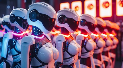 Female cyber warriors with modern, full covering exoskeletons, cinematic still, film color grading