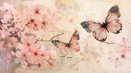 Diaphanous transparent butterflies with iridescent wings, fluttering around blooming cherry blossoms, soft pink petals falling in a serene Japanese garden