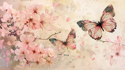 Crédence de cuisine en verre imprimé Papillons en grunge Diaphanous transparent butterflies with iridescent wings, fluttering around blooming cherry blossoms, soft pink petals falling in a serene Japanese garden