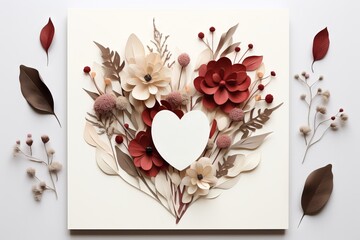 Dried flower bouquet on white paper. Nature-inspired Valentine's or wedding card. Space for text.