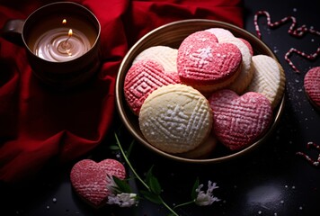 valentines day sugar cookies on a dark table
