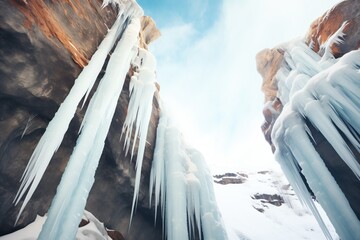 icicles hanging from a frozen canyon waterfall - obrazy, fototapety, plakaty