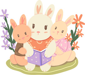 Cute Bunnies Hugging Each Other with Flowers in Pastel Colours for Easter