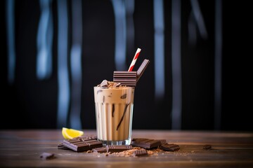 chocolate shake with a striped straw, surrounded by chocolate bars
