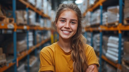 Fototapeta premium girl smiling in warehouse or distribution room