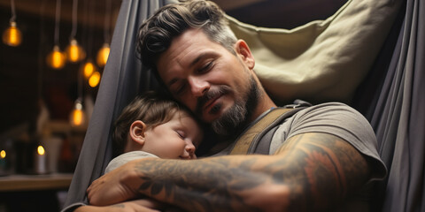 Obraz premium Soothing Embrace: Dad Putting Baby Boy to Sleep