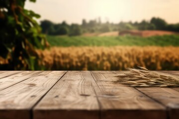 The empty wooden brown table top with blur background of farm and barn. Exuberant image. generative AI
