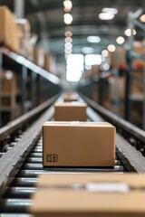 Fototapeta premium Vertical image of logistic distribution centre warehouse row of multiple cardboard packages moving along a conveyor belt