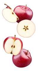 Red apple and green leaves isolated on white background