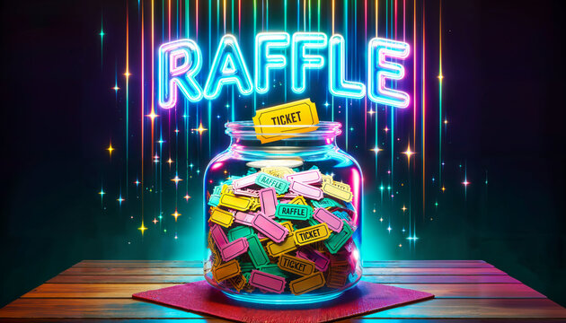 Crystal clear jar filled with colorful tickets. Above the jar, the word 'RAFFLE' floats, shimmering with a neon glow. The jar is placed on a wooden table with a red velvet cloth,