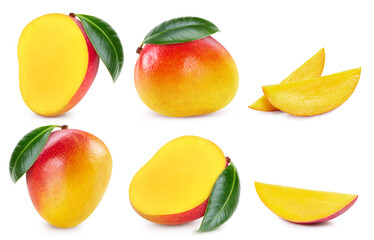 Fresh organic mango with leaves isolated on white background