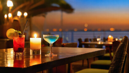 Vacances à la table d'un bar restaurant avec cocktail vue mer au coucher de soleil, moment de détente et de loisirs en amoureux autour d'un verre - obrazy, fototapety, plakaty
