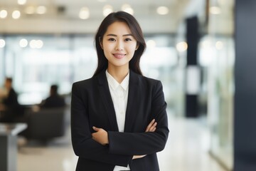 Naklejka premium Confident businesswoman standing with arms crossed and looking at camera in office