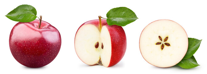 Red apple and green leaves isolated on white background