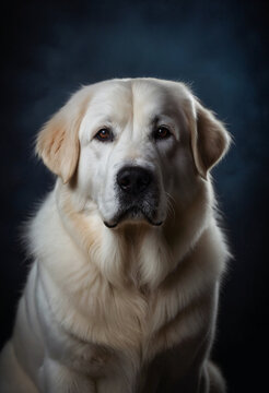 Portrait of great pyrenees dog against dark blue studio background