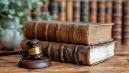 Judge gavel near law textbooks in court archive study room for copyright and international legal rights. International Archives Day, Copyright Day, Justice day
