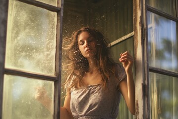 Fototapeta premium A beautiful woman is resting while caring for flowers on the window.