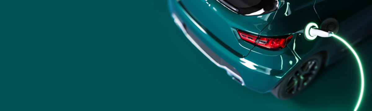 Green electric car connected to charger on green background with copy space. Automobile industry concept. 3D Rendering, 3D Illustration