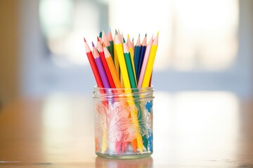crayons in color order inside a clear glass jar