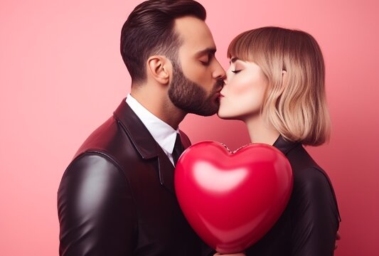 young couple kissing against pink background with a red heart balloon