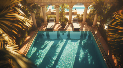 Mediterranean summer pool. AI generated image. - obrazy, fototapety, plakaty