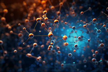 Molecular Chain of Golden Molecules on Blue Background - obrazy, fototapety, plakaty