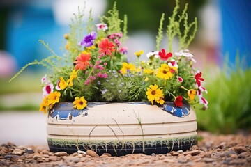 old tire turned into an outdoor planter filled with flowers