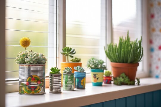 painted tin cans holding succulent plants on a window sill