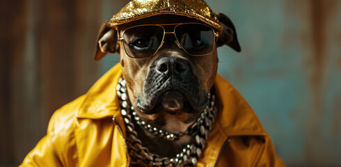 Boxer dog dressed in a shiny gold cap and sunglasses with a chunky chain necklace, exuding a cool rapper vibe against a rustic background.