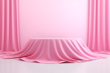 Pink Cylinder Podium on Pink Curtain Background, Product Display Mockup, Showroom Showcase