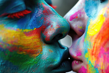 Close-up of two faces covered in vibrant paint, almost kissing, with a focus on their noses and lips, bursting with colors and emotions. - obrazy, fototapety, plakaty