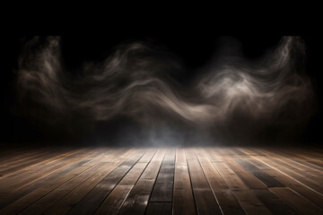 Empty Wooden Floor with Smoke Floating Up on Dark Background