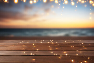 Empty Wooden Tabletop with Lights on Blurred Beach and Sea Background
