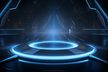 Cyberpunk Podium on Studio with Neon Blue and Spotlight and Wall Texture, Futuristics Technology Style