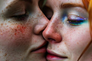 Close-up of two freckled faces side by side, one with rainbow eyeshadow, intimate and serene, sharing a silent moment.