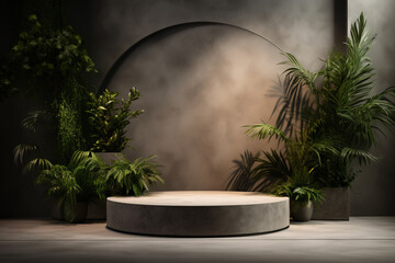 Beige Podium Product Display Presentation with Sandstone and Plants