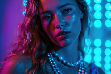 Naklejka na ściany i meble Ethereal beauty bathed in pink and blue neon lights, her piercing gaze accentuated by the shimmering bokeh of an electric night.